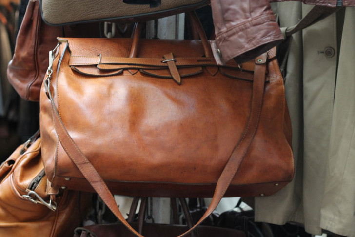 Leather goods on display in a shop