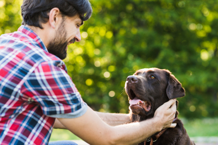 Un uomo sorride al suo cane e gli accarezza il collo