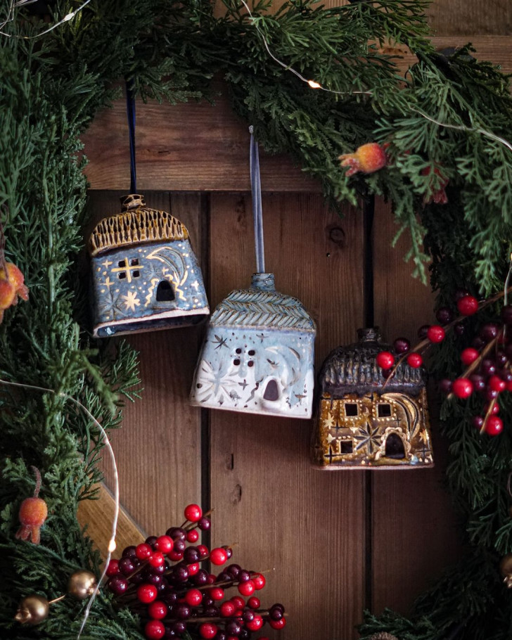 ceramic Christmas ornaments in the shape of little houses