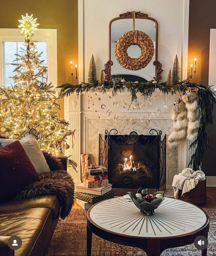 Two fur socks decorating the side of a fireplace