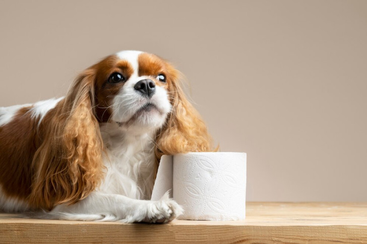 un cane cocker sdraiato vicino a un rotolo di carta igienica