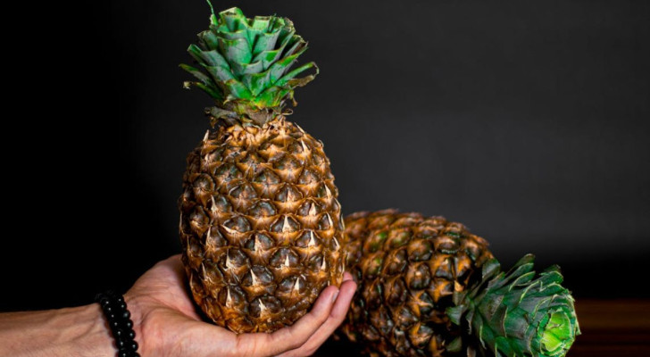 La mano di un uomo regge un ananas, mentre un altro è poggiato sul piano