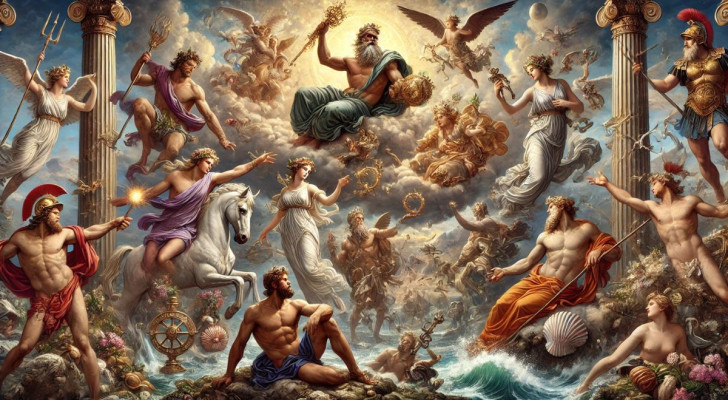 Un'illustrazione degli dei dell'olimpo fra le nuvole, con Zeus in mezzo