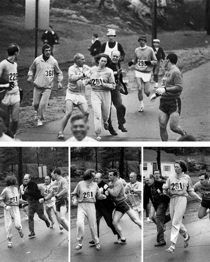 Kathrine Switzer: la prima donna a correre la Maratona di Boston nel 1967. Quando gli organizzatori se ne resero conto cercarono addirittura di fermarla.