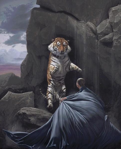 Le tigri riprese nel momento dell'attacco sono un soggetto che affascina molto l'artista