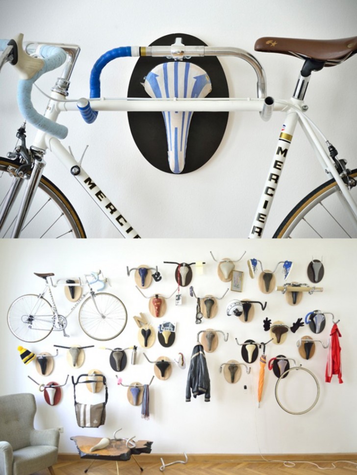 Una sella e un manubrio di una vecchia bicicletta può essere un modo di ricordare il vostro mezzo con un "trofeo" ma anche un utile aggancio per la nuova bici.