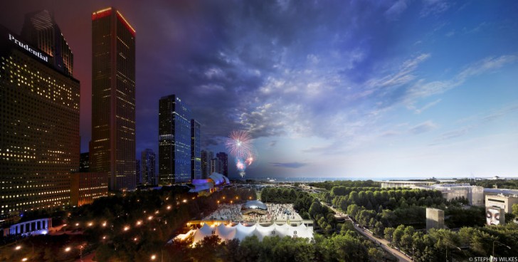Quando cala il sole, le luci dei grattacieli colorano il cielo del Millennium Park di Chicago.