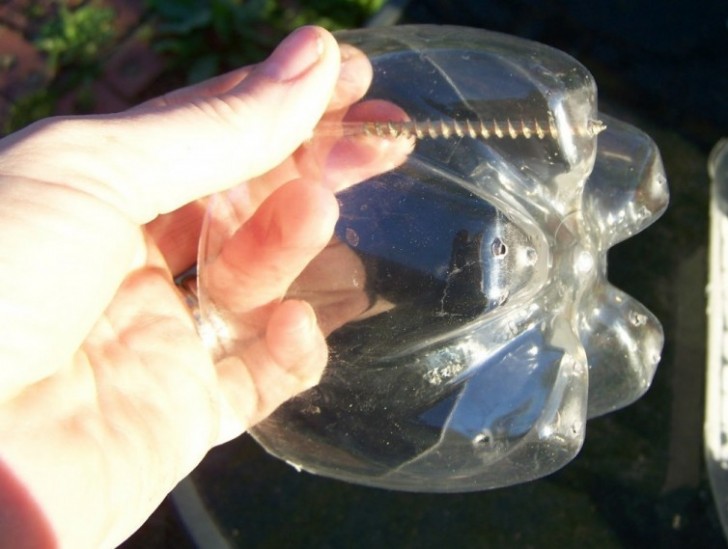 4. Percez le fond de la bouteille avec la même vis pour créer des trous où les gouttes d’eau pourront passer.
