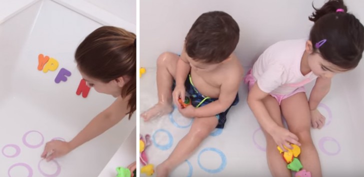 Applicate degli adesivi "stacca-attacca" sul fondo della vasca per creare un ambiente più giocoso: inoltre gli adesivi delimiteranno lo spazio di ogni bambino, senza litigi.