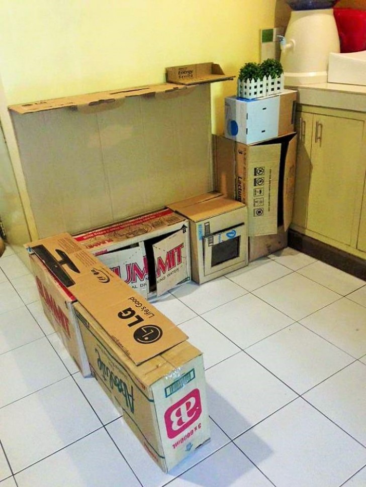 La cuisine a été entièrement créée en utilisant des cartons trouvés dans le supermarché.