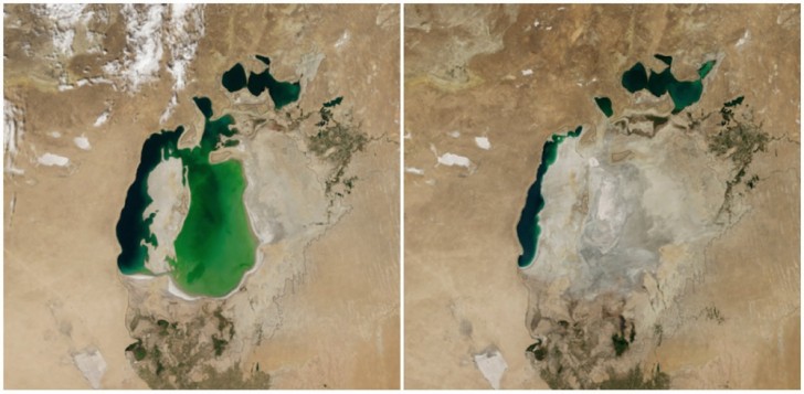 Lago d'Aral in Asia Centrale. Agosto 2000 - Agosto 2014