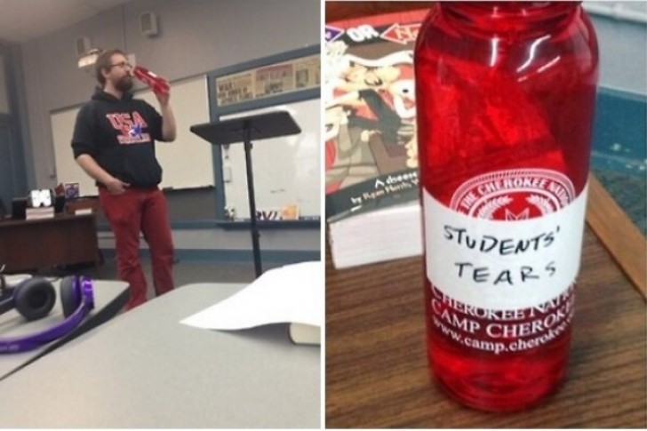 Ein sympathischer Professor "trinkt" die Tränen seiner Studenten.