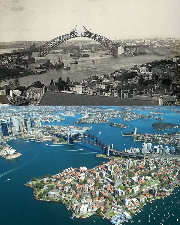 Sydney Harbour Bridge, Australie. 1930 et aujourd'hui