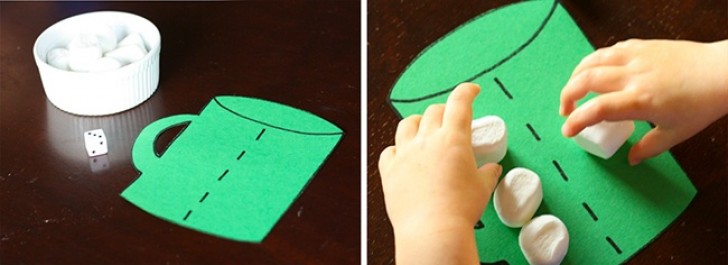 Disegnate su un foglio un contenitore. Il bambino dovrà posizionare al suo interno tanti marshmallow quanti sono i punti ottenuti lanciando un dado.