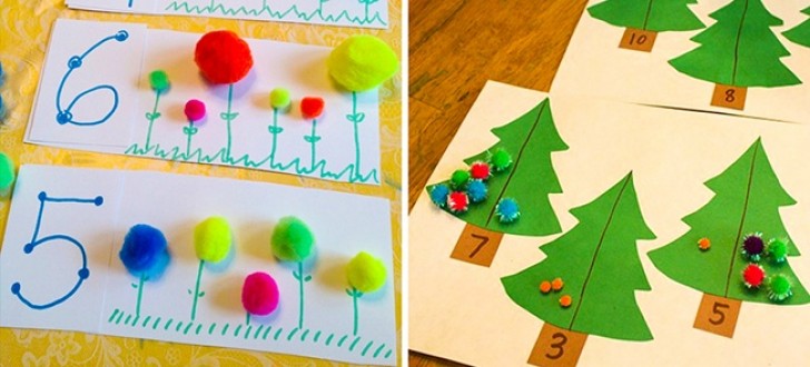 Disegnate dei fiori o degli alberi di Natale, e affiancate loro un numero. Il bambino dovrà completare il disegno inserendo il numero giusto di fiori o palline di Natale.