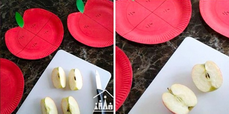 Non c'è migliore insegnante di una mela per apprendere le frazioni. Se il bambino posiziona correttamente nei piatti le metà e i quarti di mela, potrà mangiarle.