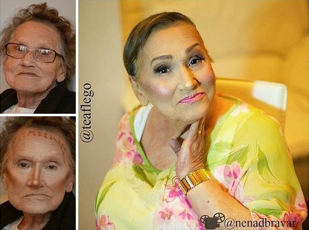 De make-up artist heeft met de contouring techniek geëxperimenteerd op het gezicht van de oudere vrouw, een populaire techniek onder beroemdheden om imperfecties te camoufleren en de gelaatstrekken mooi uit te laten komen.