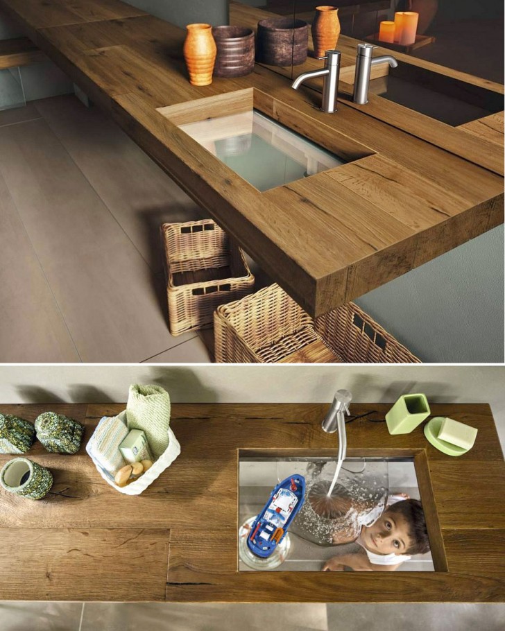 Le bois et le lavabo transparent crée une atmosphère de grande classe.