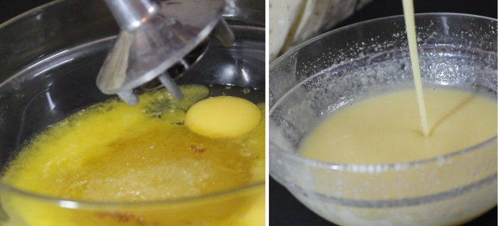 In una ciotola aprite le uova, versate il burro e lo zucchero. Mescolate bene fino ad ottenere una crema chiara, omogenea e senza grumi. Potete usare le fruste elettriche, una frusta o anche un cucchiaio.