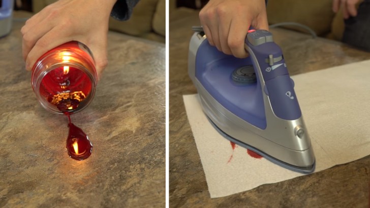Candle wax is the worst nightmare for every surface! Just put a paper towel over the wax stain and pass a hot iron over it. The melted wax will stick to the paper towel, removing it from the surface.