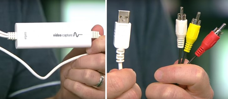 Jullie hebben de onderstaand afgebeelde adapter nodig tot jullie beschikking: aan de ene kant bevindt zich de kabel om zich met de VHS lezer te verbinden, aan de andere kant de USB stick om deze met de computer te verbinden.