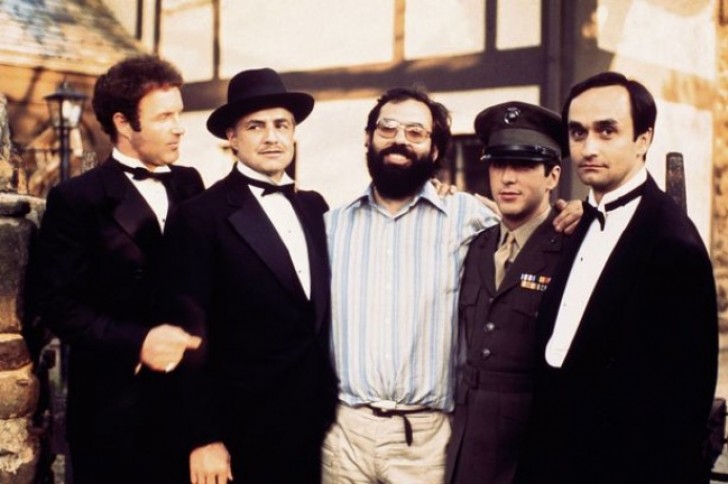 James Caan, Marlon Brando, Francis Ford Coppola, Al Pacino et John Cazale pendant le tournage du Parrain, 1972
