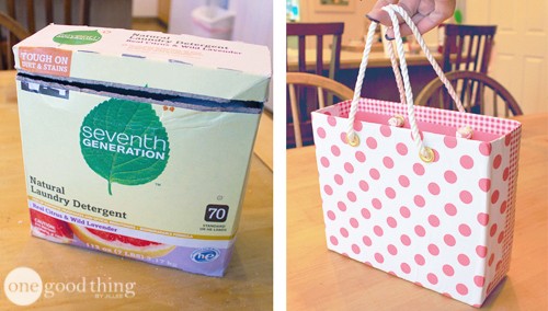 Tambien las confecciones en carton de los detergentes pueden ser reciclados: revestirlo con un papel decorado y obtendran una bolsa de regalo!