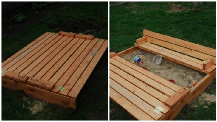 Baut einen Sandkasten, den man schließen kann und als Bank oder Sonnenliege genutzt werden kann.