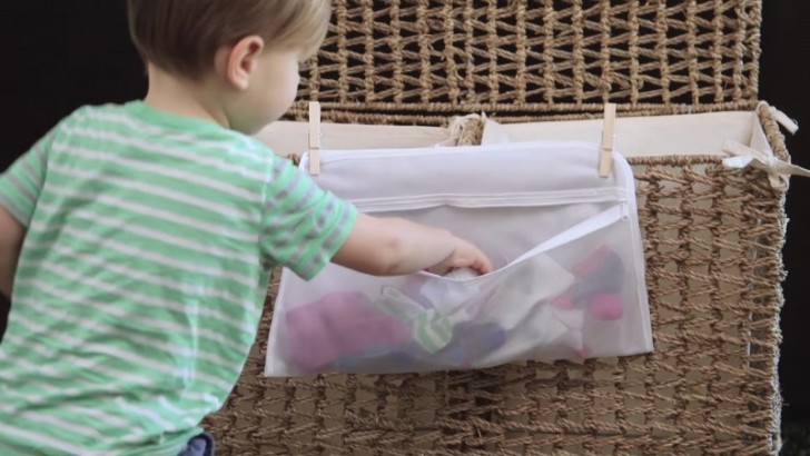 1. Attach a mesh bag to your laundry hamper and teach your children to put their socks in it! When necessary, just close it and throw it in the washing machine.