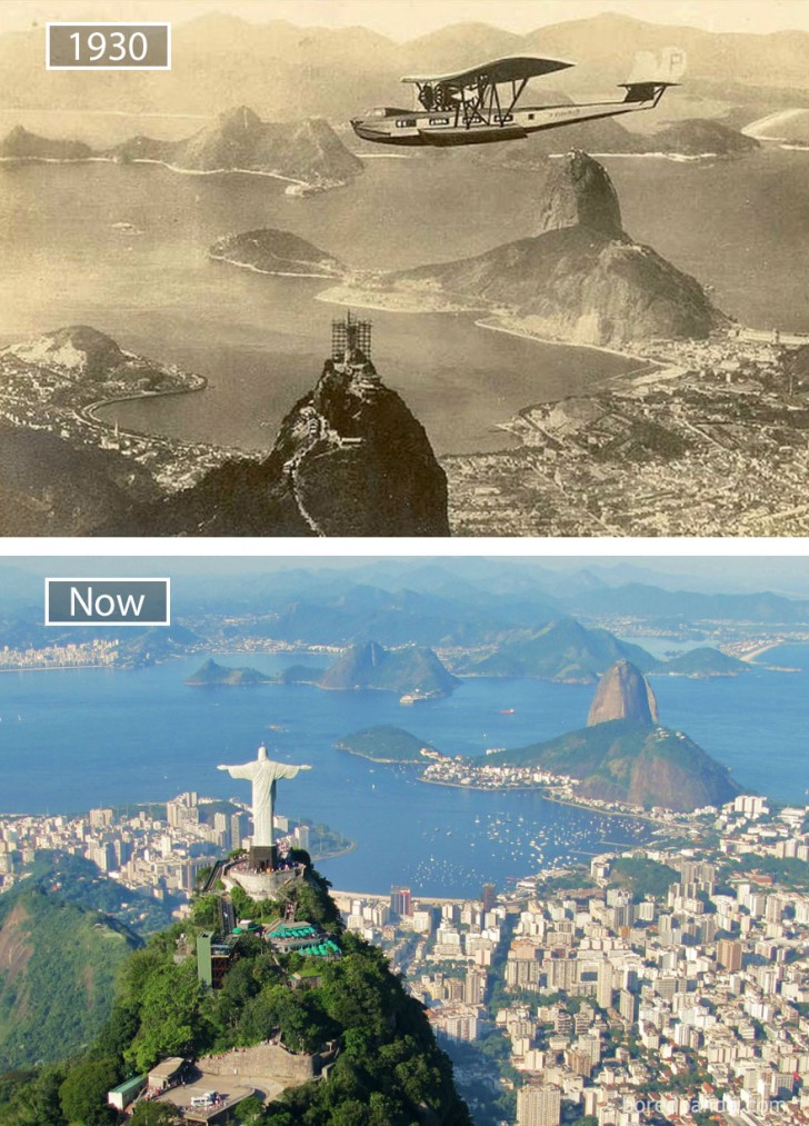 7. Rio de Janeiro, con il Cristo Redentore ancora in costruzione negli anni Trenta, e come appare oggi.