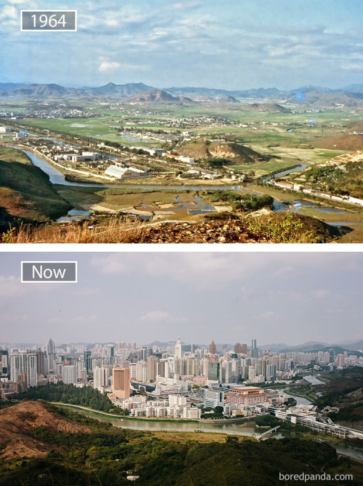 8. Shenzhen (Chine), aujourd'hui zone économique spéciale , comme elle apparaissait en 1964: de la campagne à la grande ville.