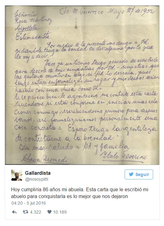 Il 27 maggio 1952, Italo Severini, italiano emigrato in Argentina, scrive una lettera di corteggiamento a quella che sarebbe divenuta sua moglie. Il linguaggio discreto e rispettoso che usa è per noi incredibile.