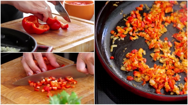 Snijd de rode paprika in blokjes en laat dit 5/7 minuten meebakken met de ui.