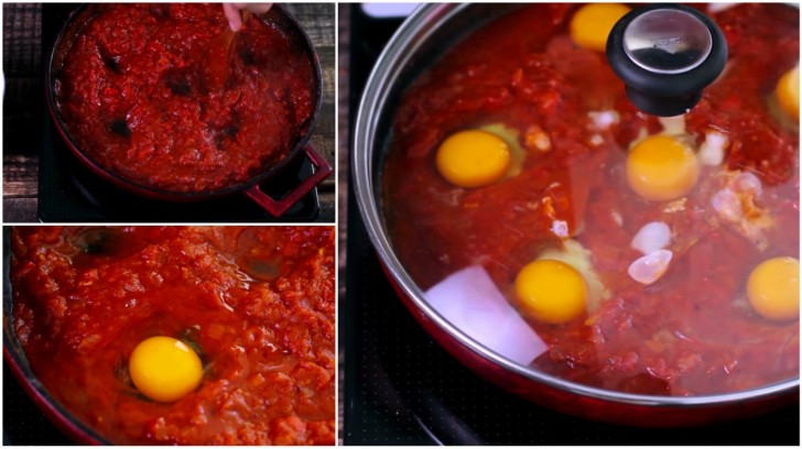 When the water in the sauce has almost entirely evaporated, make open spaces in the sauce with a spoon and fill each space with one whole egg being careful not to break the yolk.