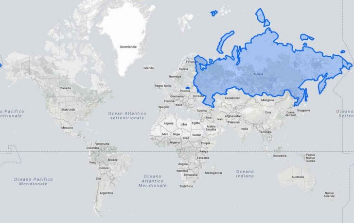 Aus diesem Grund erscheinen die Länder in der Nähe der Pole größer als die in der Nähe des Äquators. Nehmt den Vergleich zwischen Russland und Afrika.