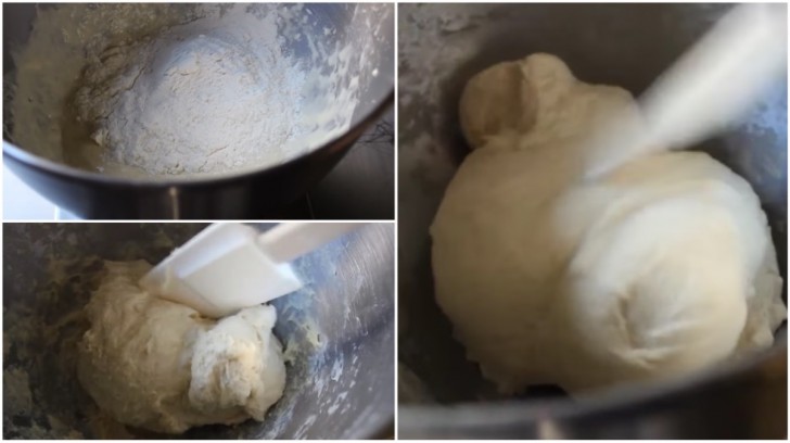 Add two cups of flour, knead and form a soft ball, smooth and not sticky. You can use a kneading machine or your hands.