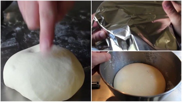 Roll the ball of dough in a little oil and place it in the bowl to rest for two hours, covered with a cloth. The dough will double its size.