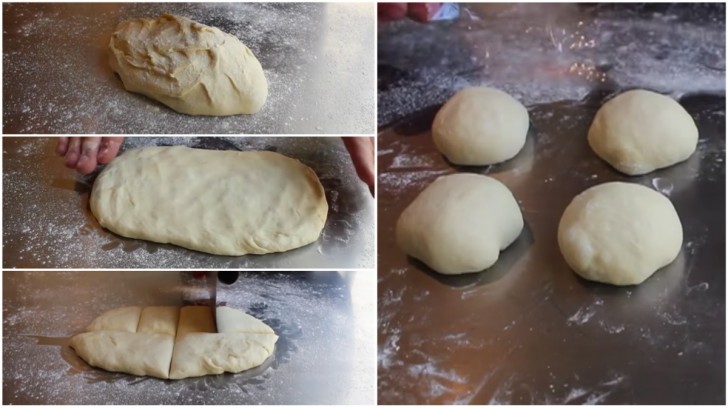Spread the flour on the table and place the ball of dough on the flour. Knead the dough a bit with your fingers and divide it into eight equal parts.