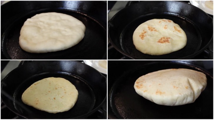 Erhitzt ein wenig Öl in der Pfanne und gebt die Fladen einen nach dem anderen hinein. Dreht das Brot mehrmals bis es sich in der Mitte wölbt.