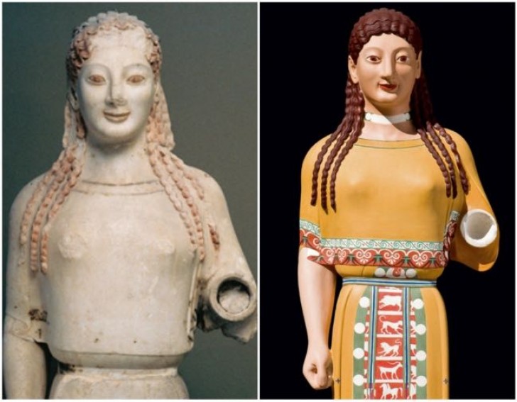 Dans certains cas, il est encore possible de voir à l'œil nu des petites traces de couleur sur les statues antiques.