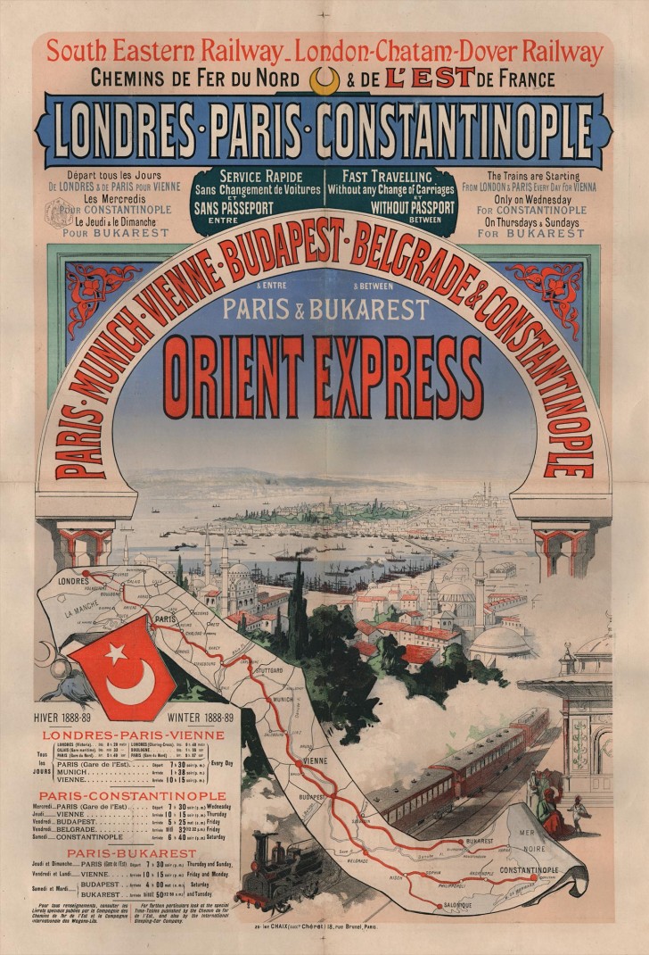 Dieses Plakat wirbt für eine Reise im Orient Express. Die Etappen waren Paris, München, Budapest, Belgrad und schließlich Istanbul.