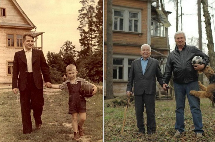Padre e figlio: stessa posizione e stessa ambientazione, ma in due epoche diverse, la prima scattata nel 1949, la seconda nel 2009.