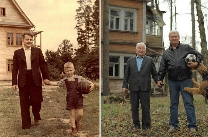 Vader en zoon in dezelfde setting maar in andere periodes. de eerste is genomen in 1949 en de tweede in 2009.