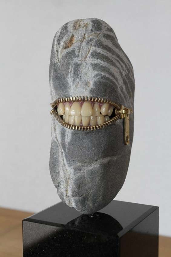 Pour frapper le spectateur, Hirotoshi inclut souvent des éléments anthropomorphiques dans ses œuvres comme des dents, des yeux et des ongles.