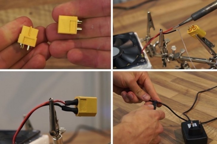 3. Unir el ventilador a un adaptador a la coriente utilizando un conector como el amarillo de la foto.