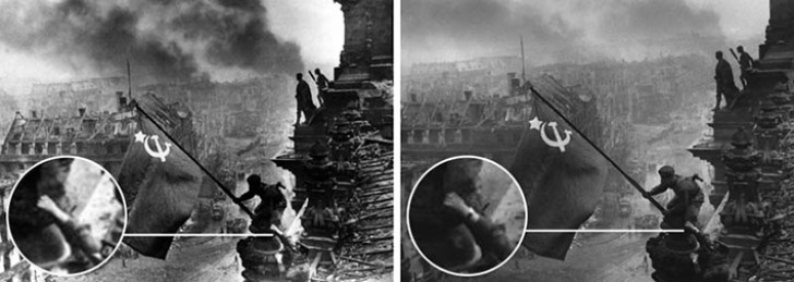 Sur cette photo de la seconde guerre mondiale, on a effacé la montre au poignet de l'homme qui brandit le drapeau. L'heure indiquée contredit la chronologie des événements historiques tels qu'on les connaît.