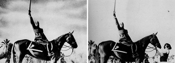 L'homme qui tient le cheval a été effacé pour accentuer l'indépendance de Mussolini et sa capacité à contrôler l'animal.
