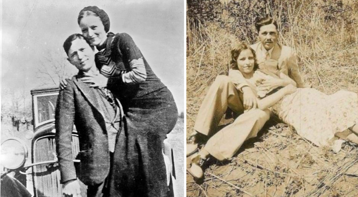 A sinistra, Bonnie Parker e Clyde Barrow, tra il 1932 e il 1934, in posa davanti a un'automobile Ford V8 del 1932. A destra, la coppia riposa in una giornata estiva da qualche parte in America
