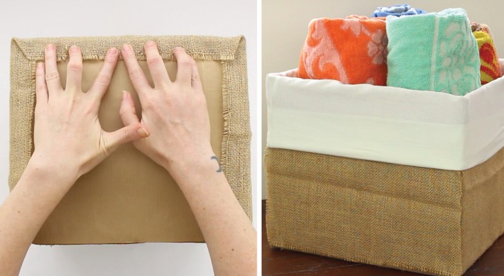 Zo kun je een kartonnen doos omtoveren tot multifunctionele mand met behulp van jute en een kussensloop!