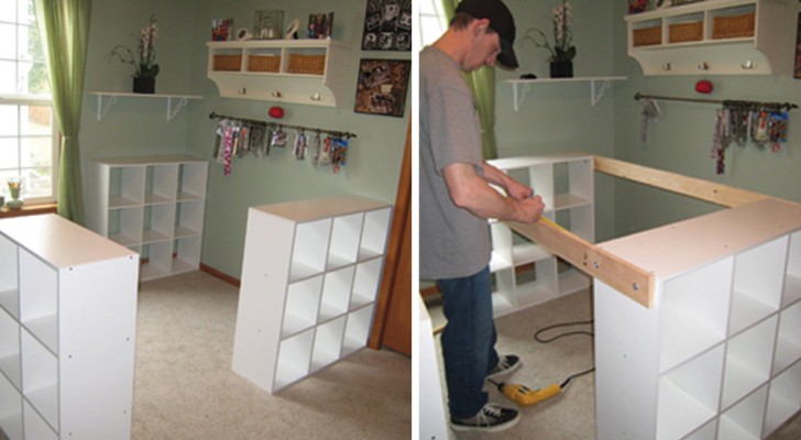 Er bastelt aus 3 Ikea-Regalen einen tollen Arbeitstisch für seine Frau